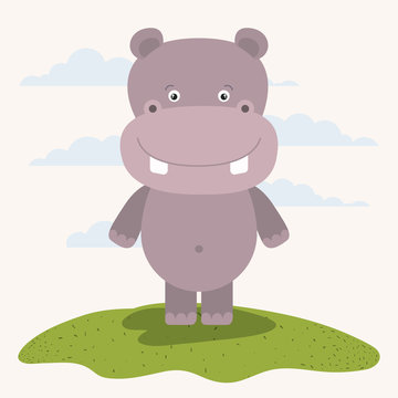 white background with color scene cute hippopotamus animal in grass vector illustration