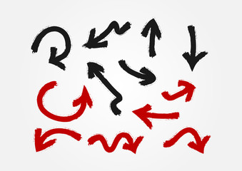 Set of arrows drawn with a brush. Twelve isolated symbols. Grunge, sketch, paint, watercolor.