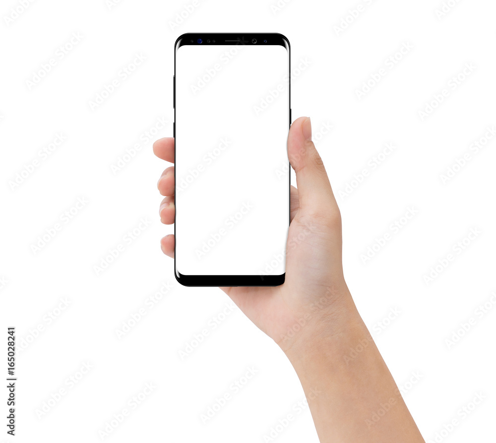 Aufkleber close-up hand touching phone mobile isolated on white, mock-up smartphone blank screen easy adjustme