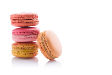 Colorful macaroons. Sweet macarons on white background.