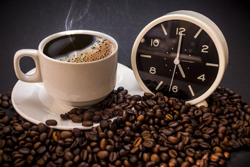 Concept COFFEE TIME showing clock and coffee beans