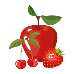 white background of realistic colorful fruits apple cherries and strawberry vector illustration