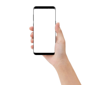 close-up hand touching phone mobile isolated on white, mock-up smartphone blank screen easy adjustment with clipping path