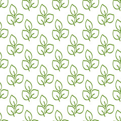 Repeating outlines of green leaves on a white background. Organic seamless pattern.