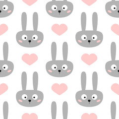 Head of funny rabbit with big eyes. Cute hearts. Seamless pattern for children.
