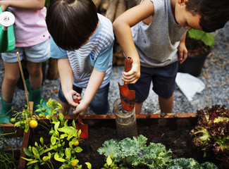 Diversity Group Of Kids Garden Shovel Watering Can