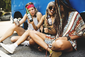 Friends Drinking Alcohol Beers Together on Road Trip Journey