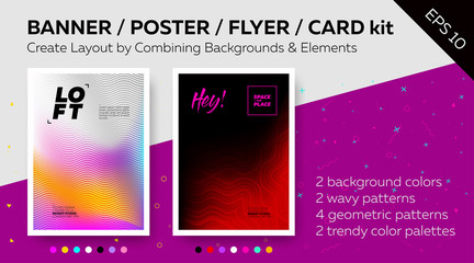 Bright Vector Template with Text Grid. Trendy Geometric Patterns, Minimal Design, Colorful Background. For Banner, DJ Poster, Night Club Flyer, Greeting Card.