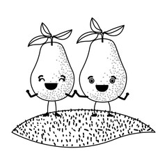 white background of monochrome pair of pear fruits caricature over grass vector illustration