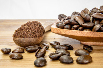 Roasted coffee beans and fresh coffee beans