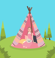 girl inside teepee traditional native america tent relaxing enjoy camping in green landscape