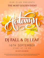 Vector autumn party poster with lettering, yellow autumn maple leaves, doodle branches and flares - 165033011