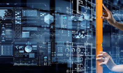 Builder woman taking measures . Mixed media