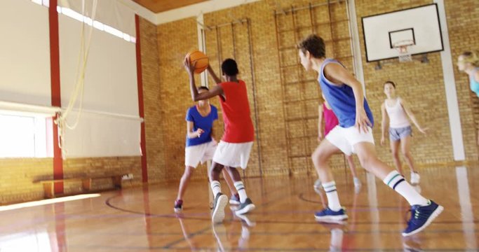 High school kids playing basketball in the court