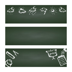 Back to school. Set web banner. Hand drawn school icons and symbols on green chalkboard. With place for your text