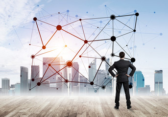 International business networking and social connection against modern city background