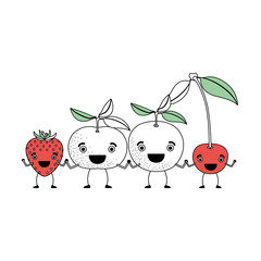 white background with silhouette color sections set fruits cherry strawberry tangerine and orange in caricature vector illustration