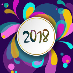 New year 2018 Greeting Card Template. Motion Dynamic Shapes Curl Design. Colorful geometric background white number. Purple pink green color vector illustration