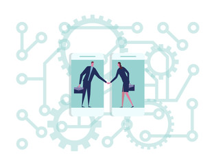 Business man and Women are business worker checking hands together on smartphones with electric circuit and gear background.
