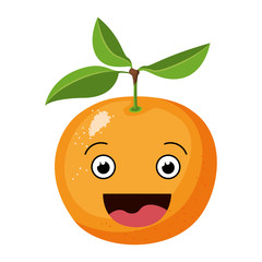 white background with realistic silhouette of smiling cartoon orange fruit vector illustration