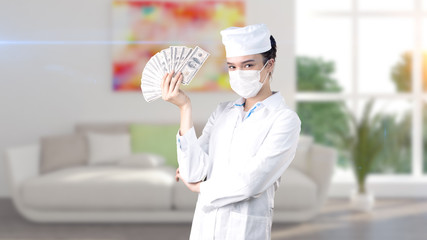 Beautiful medical woman doctor in uniform. Studio painted background. Concept of profitable health care.