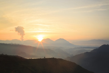 A view of the sunrise in the Cukul Tea Plantation, Bandung, Indonesia.