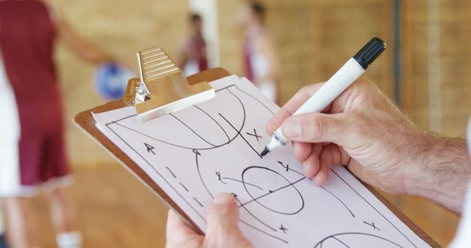 Hands of basketball coach drawing diagram on clipboard