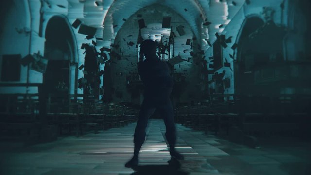 A glitching, digital creature walks terrifyingly towards camera among floating bibles in an abandoned church. 3D animation featuring stylized distortion in 4K with broadcast quality color depth.