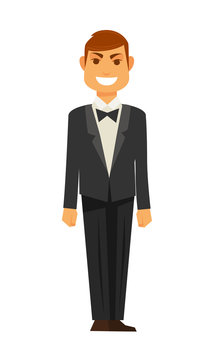 Elegant man in tuxedo with bowtie isolated illustration