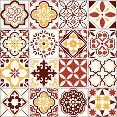 Gordijnen Portuguese vector tiles, Lisbon art pattern, Mediterranean seamless ornament in brown and yellow © redkoala