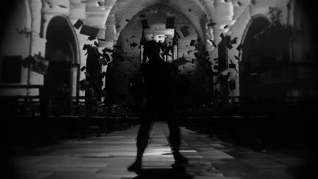 A glitching, digital creature walks terrifyingly towards camera among floating bibles in an abandoned church. 3D animation featuring stylized distortion in 4K with broadcast quality color depth.