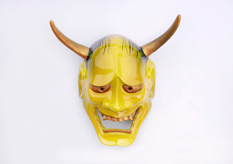 Traditional Japanese mask of a demon, Kabuki Mask on white background.