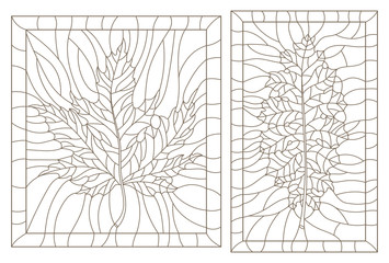 Set of outline illustrations in the style of vintage with leaves in a frames
