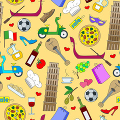 Seamless pattern on the theme of journey in the country of Italy, simple color icons on yellow background