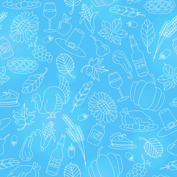 Seamless pattern for holiday Thanksgiving day,,light contour icons on blue background