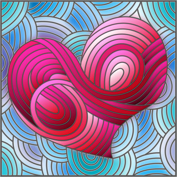 Illustration in stained glass style with an abstract pink heart on blue background