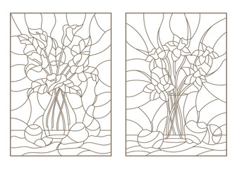 Set contour illustrations of the stained glass bouquet of Callas, Narcissus, in a vase