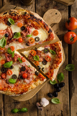 Rustic pizza with tomato, cheese, salami