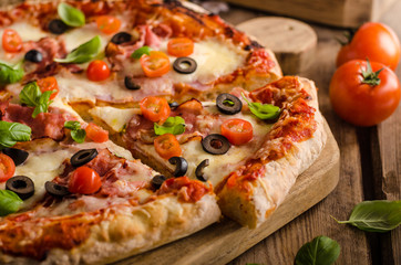 Rustic pizza with tomato, cheese, salami