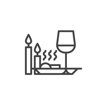 Romantic dinner with candles line icon, outline vector sign, linear style pictogram isolated on white. Symbol, logo illustration. Editable stroke. Pixel perfect vector graphics