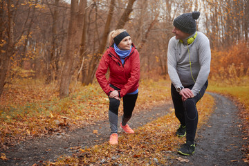 Active seniors training over autumn time