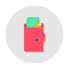 Flat wallet icon. Pink wallet with cash and coin. Internet sign in rounded shape. Web and mobile design element. Money symbol. Vector colored illustration.