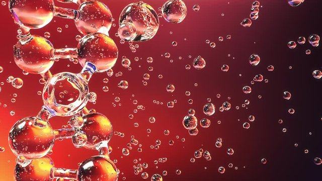 Glassy DNA molecule and floating particles against red backdrop. Modern science, medicine, blood test or genetic research related loopable motion background