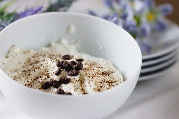 Sour cream custard with chocolate chips. Light and delicious summer dessert