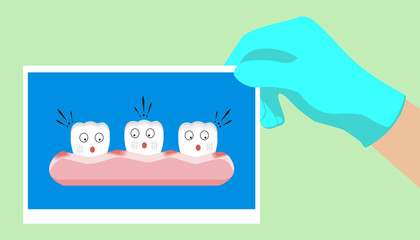 Vector cartoon teeth feel shock because gingivitis blood ,dental concept illustration.