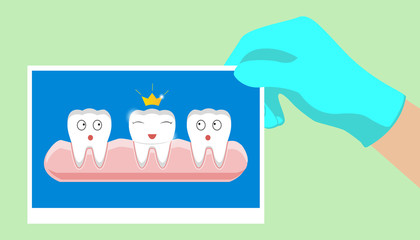 Tooth health icon Yellow crown. Cute funny cartoon smiling character. King queen prince princess Oral dental hygiene. Children teeth care. Baby background. Flat design Vector illustration