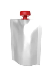 Gordijnen 3D realistic render of white plastic package for children with red lid. With shadow and clipping path on a white background © bubak282