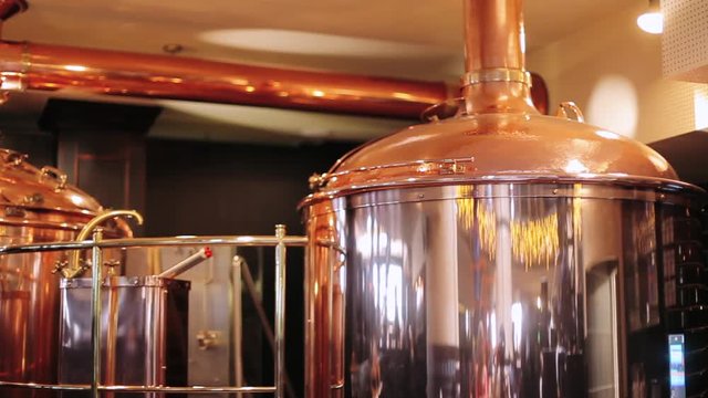 Brewery, view of the interior of the brewery in the restaurant, capacity and equipment for beer production.
