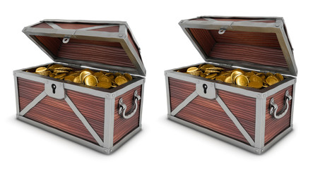 Chest with gold coins. A set of 3d images isolated on white