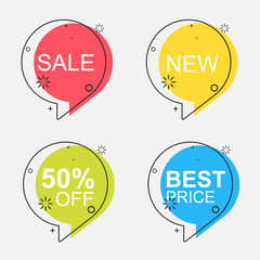 Set of flat geometric vector stickers in vintage style. Discount offer price label, symbol for advertising campaign in retail, sale promo marketing, 50% off discount sticker, ad offer on shopping.